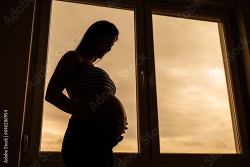 Pregnant woman standing beside window and holding her belly. Silhouette of pregnant woman.
