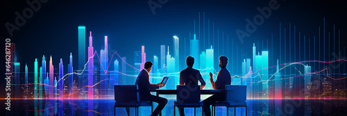 Business investment and financing, business people working together to collaborate and evaluate data from social network sites, company development goals, and economic graph growth charts. Neon effect