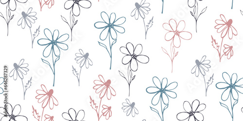 Simple floral seamless pattern of delicate multi-colored flowers on a white background. Decorative print for children's textiles and printing on paper.