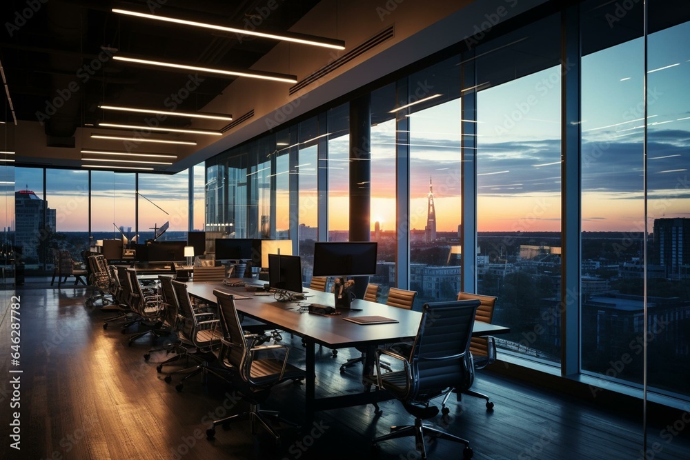 Dimly-lit office space with collaborative and conference sections, offering a wide view through large windows. Generative AI