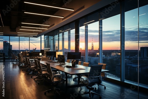 Dimly-lit office space with collaborative and conference sections  offering a wide view through large windows. Generative AI