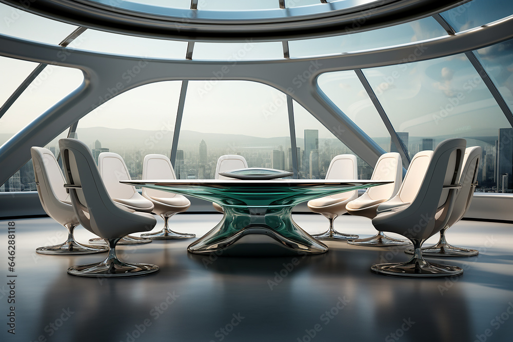 Generative AI Image of Futuristic Business Meeting Room with Cityscape in Bright Day