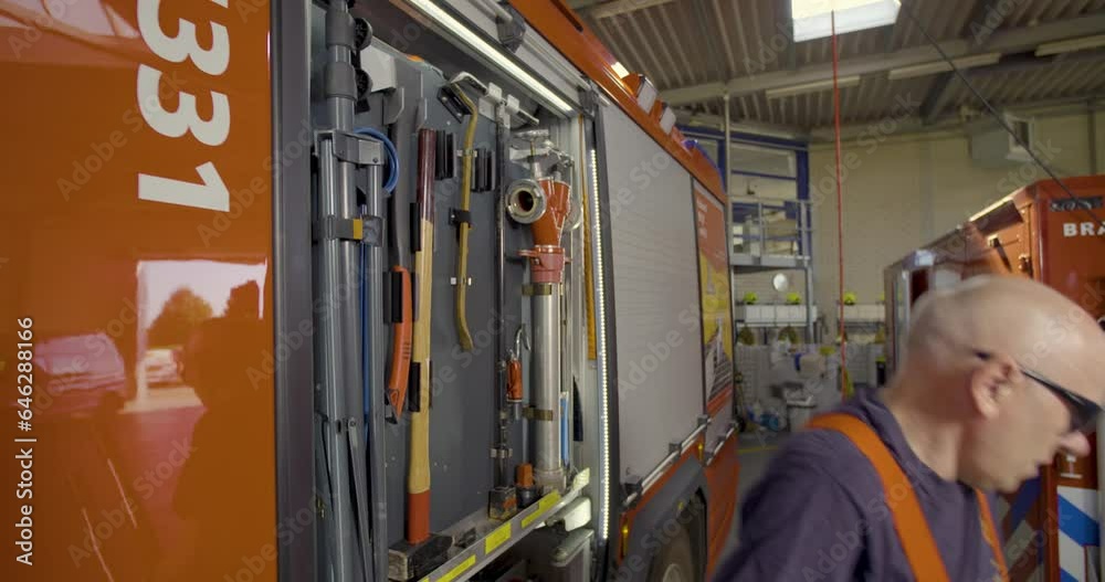 Firefighter retrieving bolt cutters from the fire truck in the station
