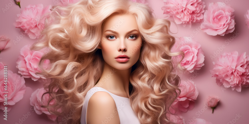 Beauty blonde woman long wavy hair, healthy skin, natural makeup, blue eyes on flowers background Beauty blonde woman long wavy hair, healthy skin, natural makeup, blue eyes on flowers background