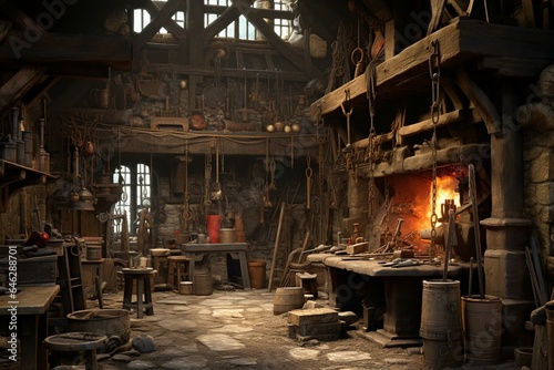 Old blacksmith workshop with anvil and diverse tools. Generative AI photo