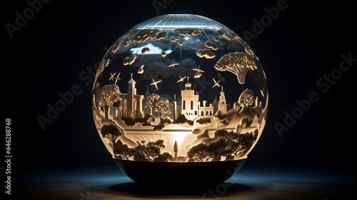 Capture a stunning picture of a glass globe with intricate patterns of renewable energy symbols engraved on its surface  emphasizing the importance of clean power