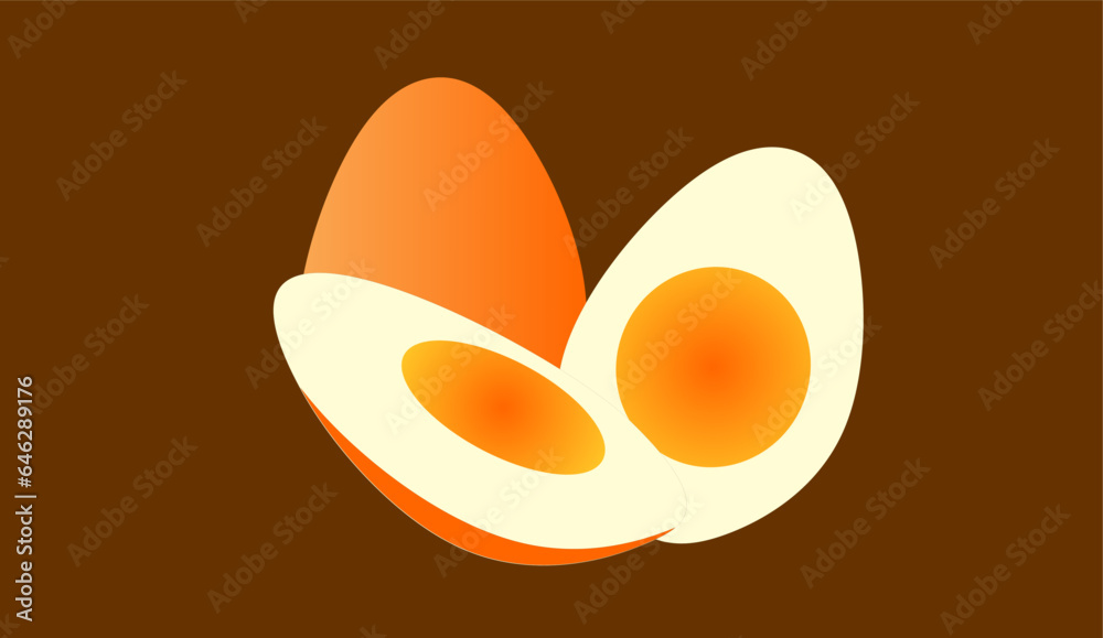 Halfboiled eggs, some are still whole and some are split in half, eggs contain a lot of protein