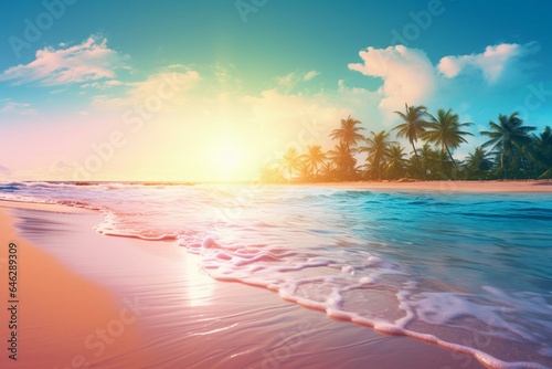 Abstract tropical beach with sun light wave. Copy space for summer vacation and business travel. Generative AI © Emily