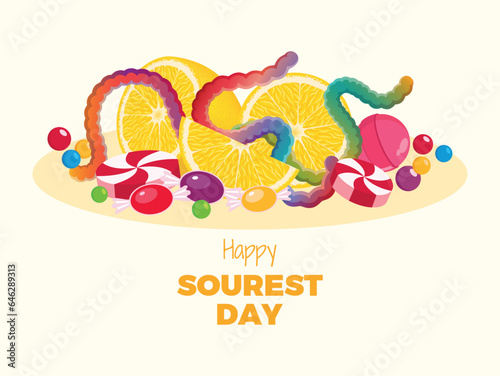 Happy Sourest Day vector illustration. Pile of sour candy and lemons drawing. Colorful gummy jelly worm candies vector. October 25. Important day
