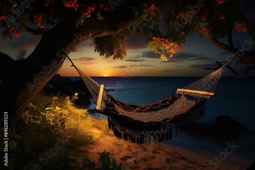 Beautiful evening scene with a relaxing hammock by the shore. Generative AI
