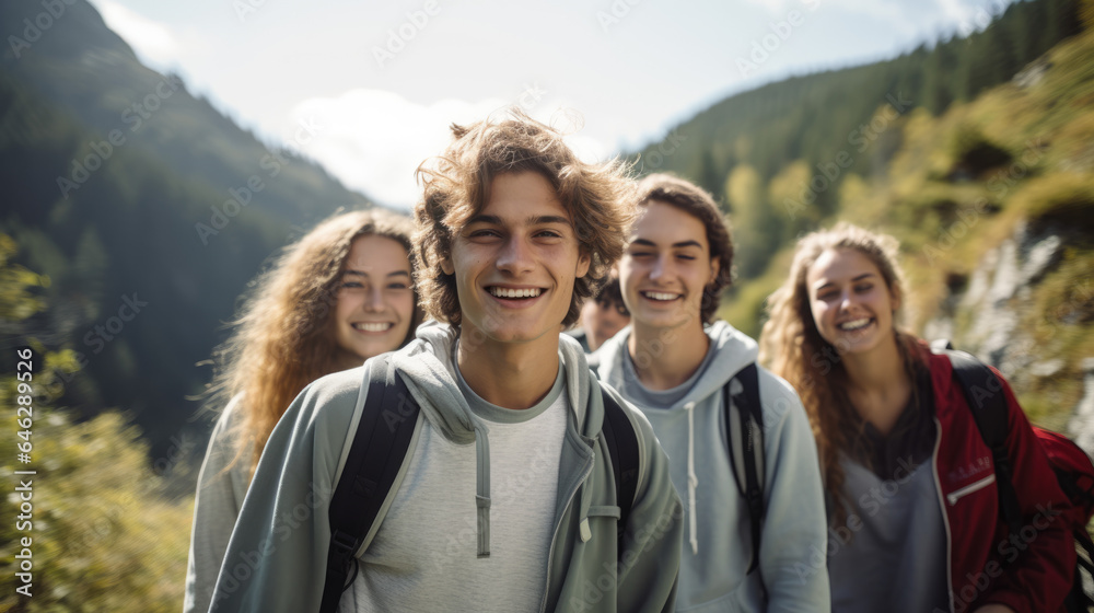 Group of friends hiking in the mountains.