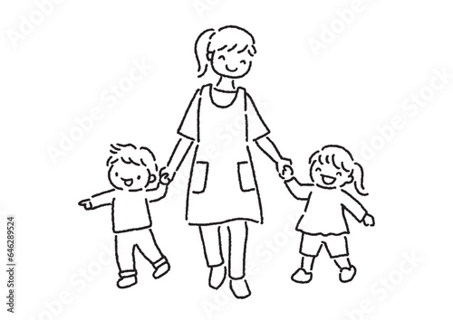 Illustration of a woman cheerfully holding hands with two children (nursery teacher and kindergartener)
二人の子供と朗らかに手をつなぎながら歩く女性のイラスト（保育士と園児）