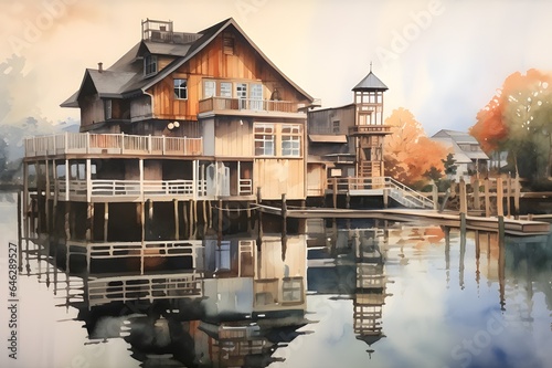 Watercolor painting of a wooden house on the lake in autumn