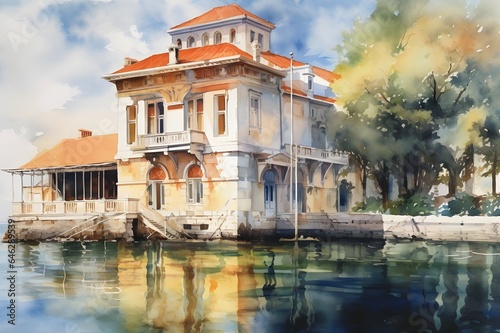 A watercolor painting of a building next to water