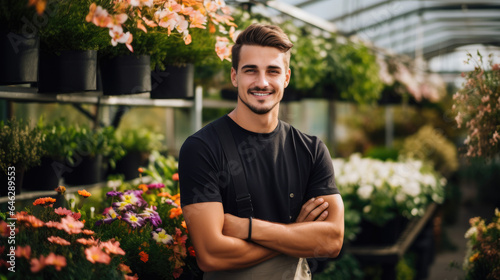 A handsome young male florist gardener posing in green       © Vahid