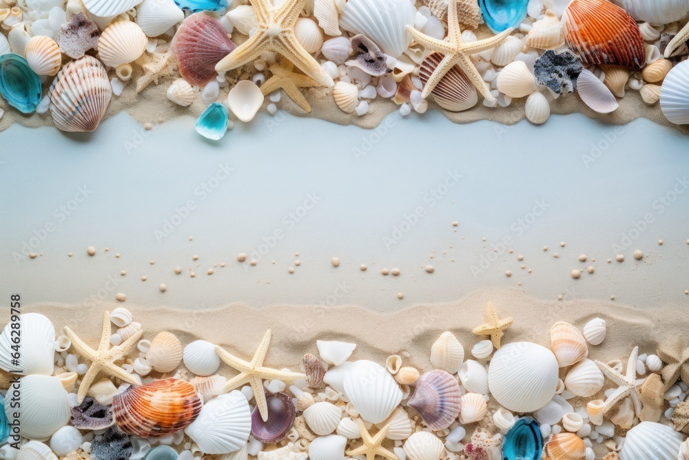 Obraz premium Frame of seashells on the beach. Generative AI.