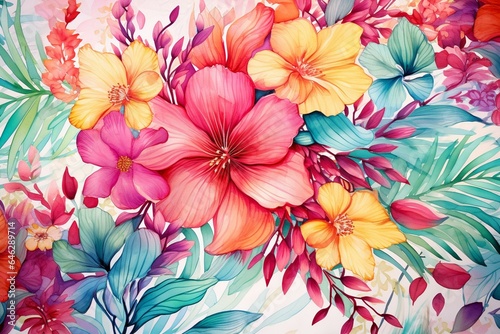 Colorful floral watercolor pattern with exotic elements on a tender fabric background. Generative AI