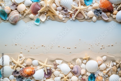 Frame of seashells on the beach. Generative AI.