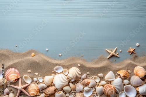 Frame of seashells on the beach. Generative AI.