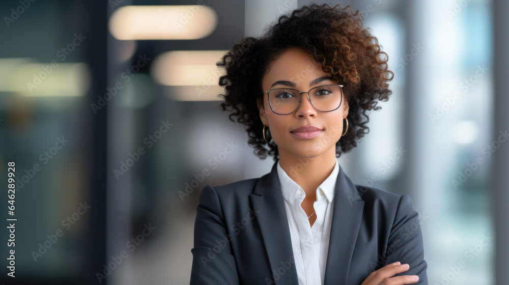 A portrait of a confident and proud African American woman symbolizing powerful corporate leadership. A representation of diversity and strength in the business world A portrait of a confident and proud African American woman symbolizing powerful corporate leadership. A representation of diversity and strength in the business world
