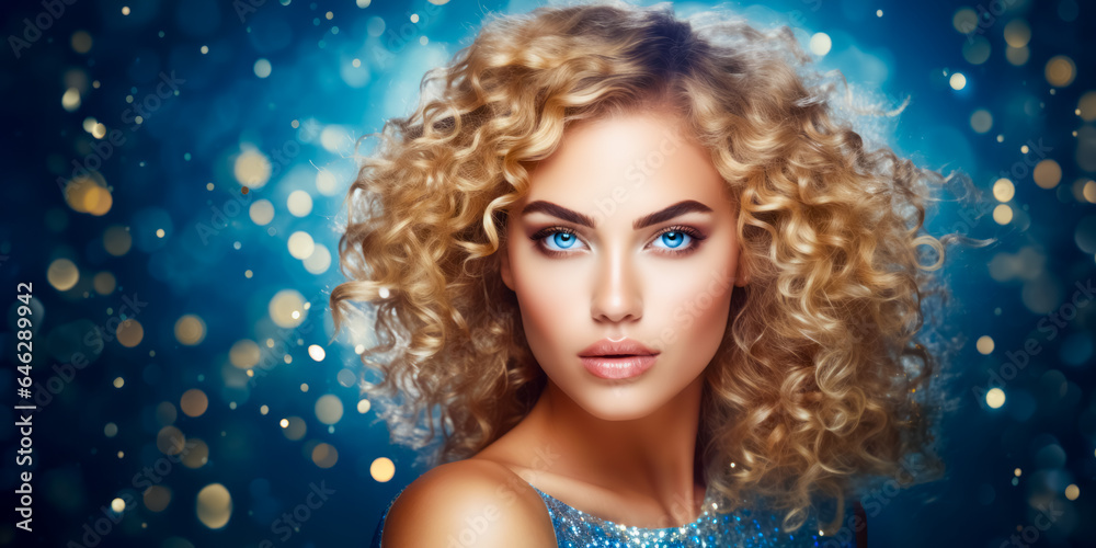 beauty blond woman with curly hair on blue, golden glitter background. hairstyle concept. free space