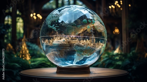 Capture an enchanting photograph of a glass globe as the centerpiece of an art installation, showcasing the creative expression of sustainable energy concepts
