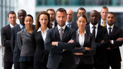 a show of unity, a row of Caucasian businesspeople poses for a group photo, showcasing their collective vision for the successful business corporation.