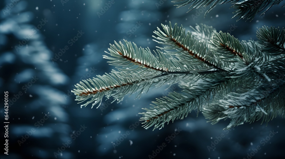 Pine tree branches are covered with frost, nature winter natural dark background, snow-covered coniferous needles close-up, soft focus, bokeh and copy space