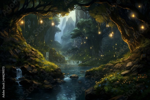 Enchanting elven chasm with mountains, trees, stream, and mesmerizing lanterns and fireflies. Generative AI