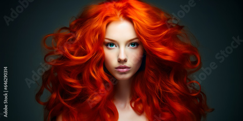 Young red haired woman with gorgeous voluminous long hair, dense, hairstyle. hair dye, hairstyle