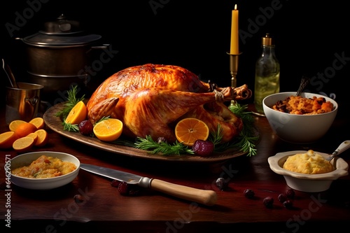 Turkey with orange and cranberry sauce on wooden table