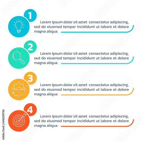 4 steps option infographic template. Presentation, layout design with business icons. Menu or list with 4 sections. Flow chart, process diagram, layout concept. Vector illustration.