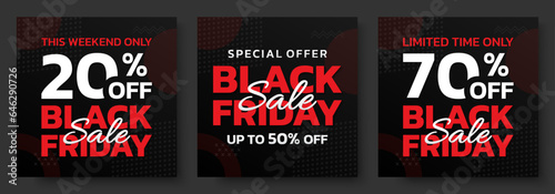 Black Friday sale banner set. Discount background template. Promotion, marketing poster, label or flyer with 20, 50, 70 percent price off. Special offer design. Vector illustration.