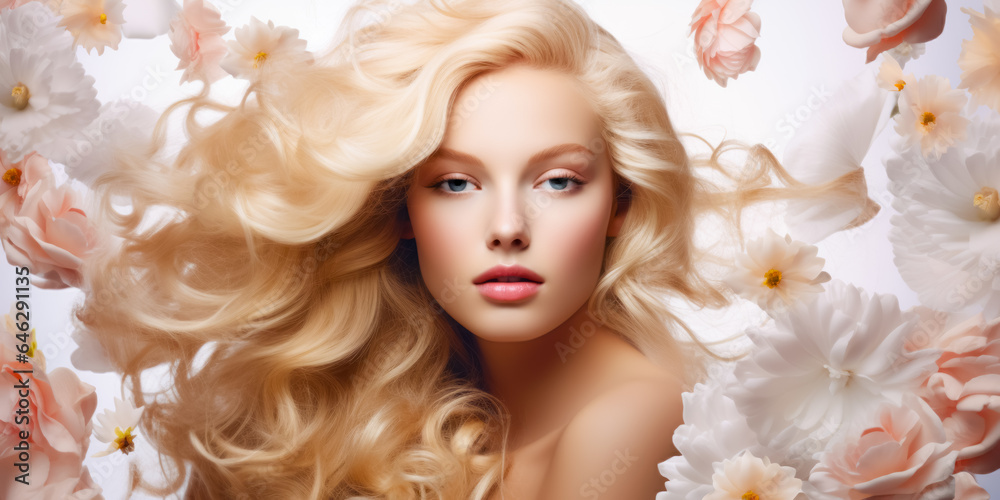 Beauty blonde woman long wavy hair, healthy skin, natural makeup, blue eyes on flowers background Beauty blonde woman long wavy hair, healthy skin, natural makeup, blue eyes on flowers background