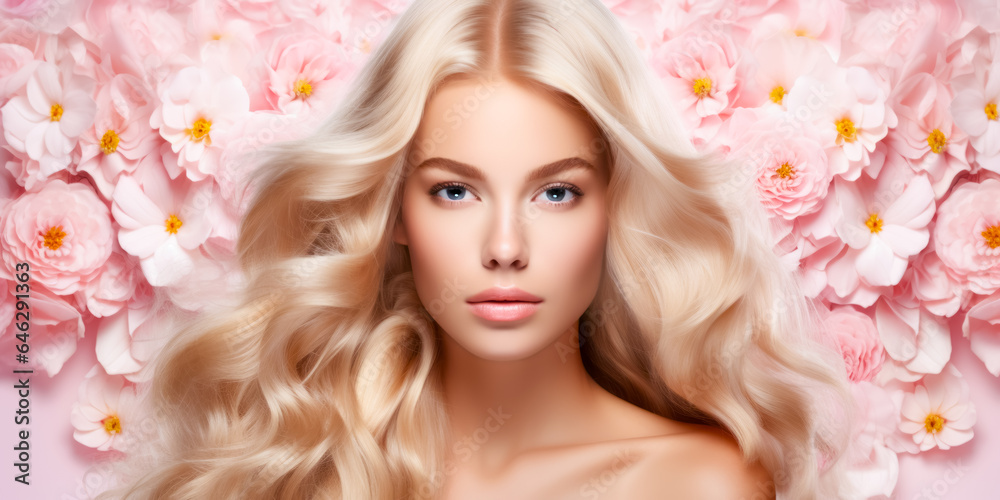 Beauty blonde woman long wavy hair, healthy skin, natural makeup, blue eyes on flowers background