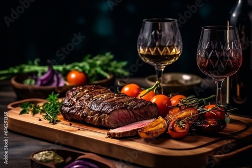 Succulent thick juicy portions of grilled fillet steak served with glass of wine  tomatoes and roast vegetables on an old wooden board
