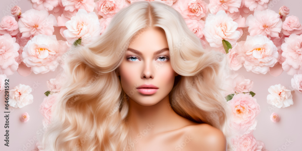 Beauty blonde woman long wavy hair, healthy skin, natural makeup, blue eyes on flowers background Beauty blonde woman long wavy hair, healthy skin, natural makeup, blue eyes on flowers background