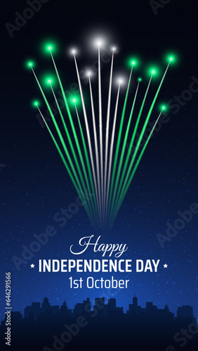 October 1 nigeria independence day, nigerian colorful fireworks on dark night sky background. Fireworks, flag. National holiday nigeria october 1st independence day. Greeting card. Vector