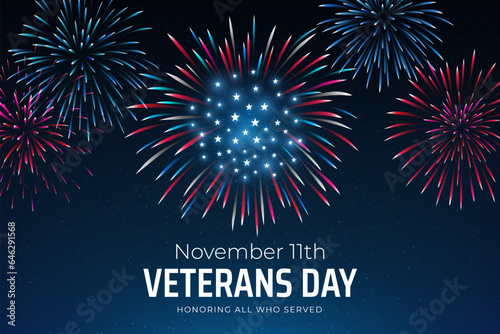 Veterans day november 11, template american fireworks blue sky background. Fireworks US flag. November 11th Happy Veterans Day, USA national holiday. Banner, poster, greeting card. Vector illustration