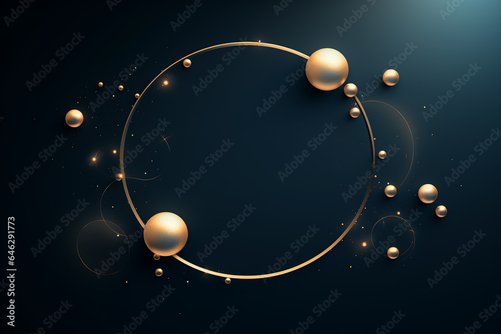 3d style golden rings frame on a dark blue background with sphere representing planets - obrazy, fototapety, plakaty 