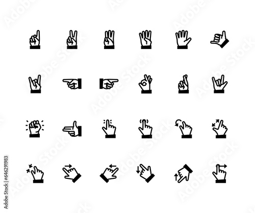 Icon set of outline hand gestures with 24 symbols. Contains such symbols as Numbers, Call me, Good luck and more.