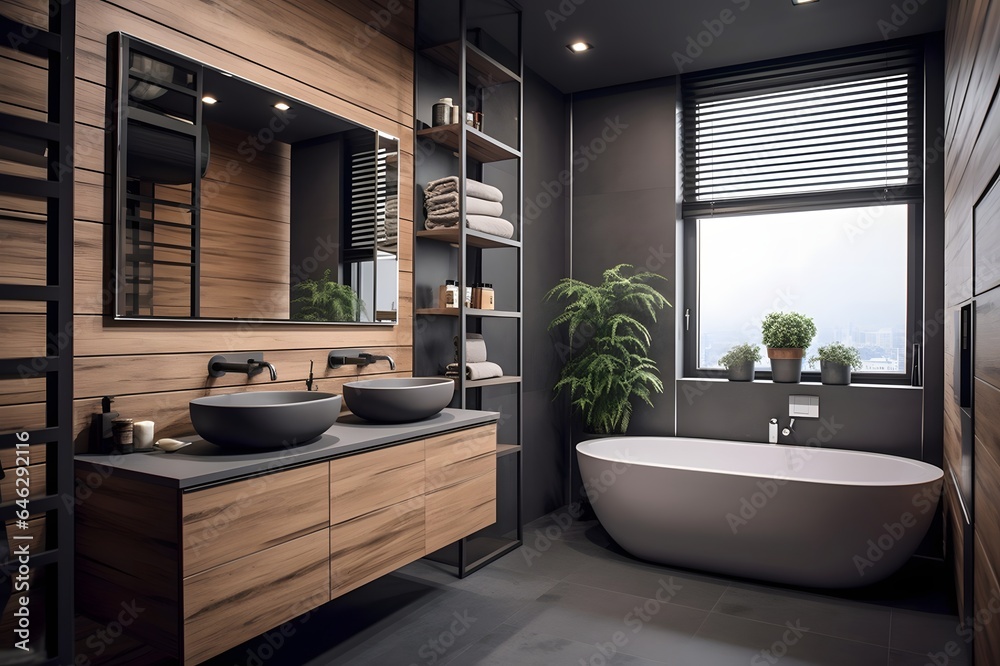 Interior of modern bathroom with gray and wooden walls, concrete floor and comfortable bathtub Interior of modern bathroom with gray and wooden walls, concrete floor and comfortable bathtub