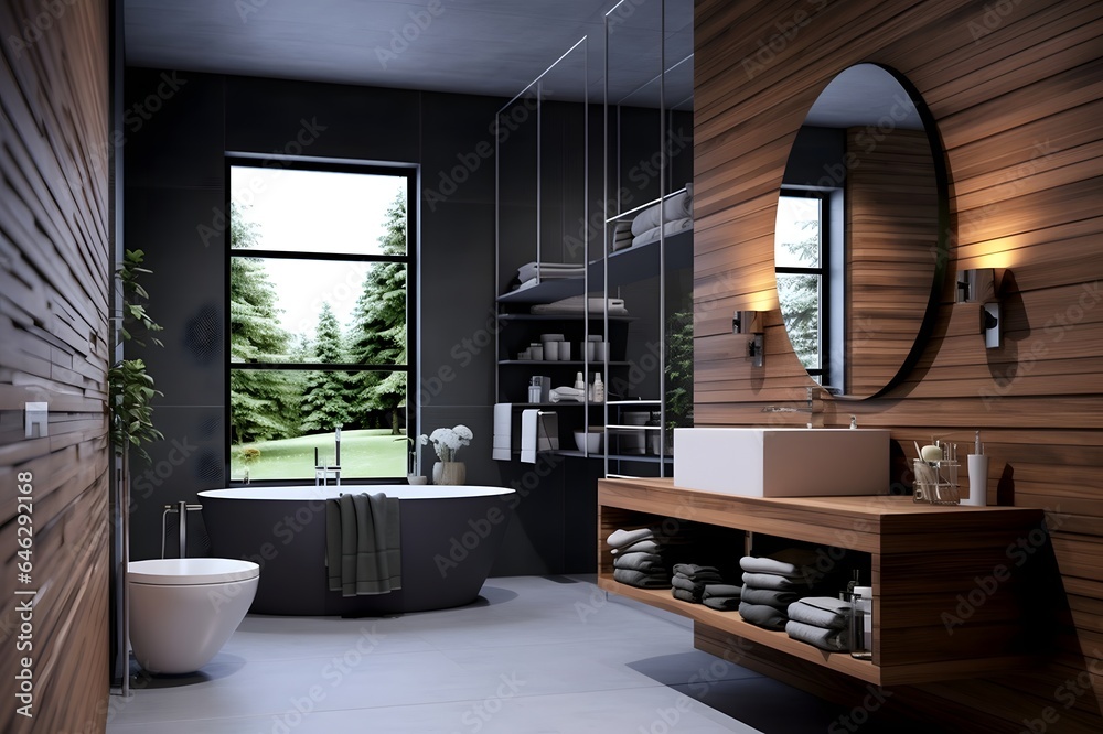 Luxury bathroom interior with black and wooden walls and comfortable bathtub