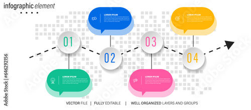 Business Infographics template.Timeline with 4 steps, circles, options and marketing icons. Vector linear infographic elements. 