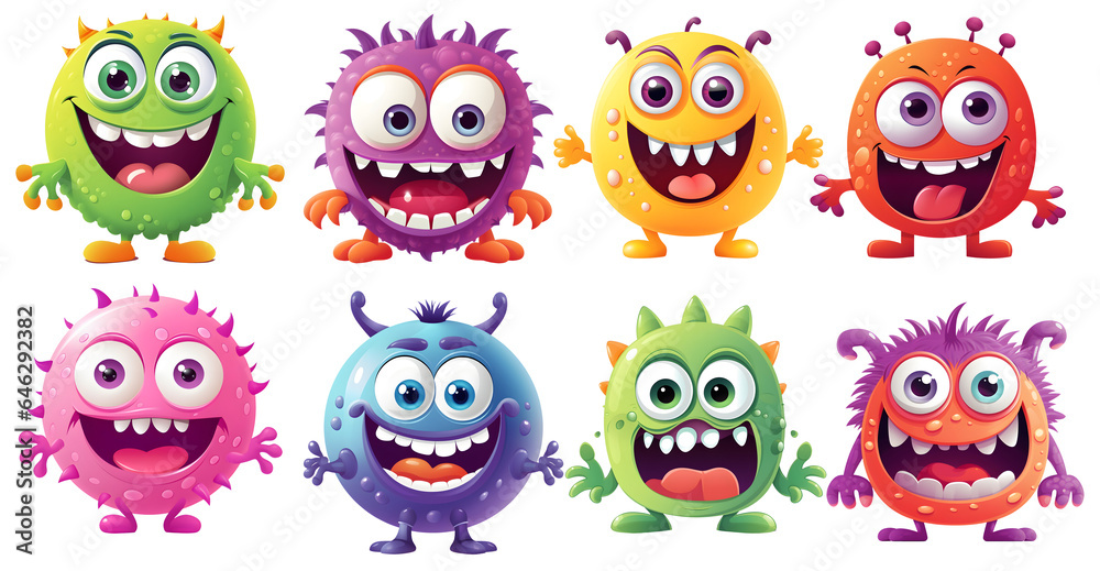 set of funny cartoon monsters on transparent isolated background, generated ai set of funny cartoon monsters on transparent isolated background, generated ai