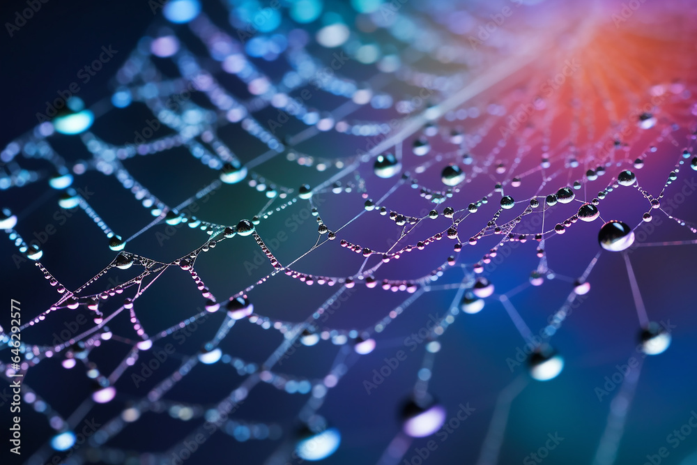 Stunning Dew-Kissed Spider Macro Photograph. Explore the captivating world of nature with this striking macro photograph of a dew-kissed spider. This high-quality stock image captures intricate detail