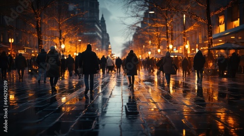 background of a night city avenue with blurred images of illumination and silhouettes of people. motion and blur. wallpaper