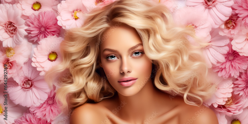 Beauty blonde woman long wavy hair, healthy skin, natural makeup, blue eyes on flowers background