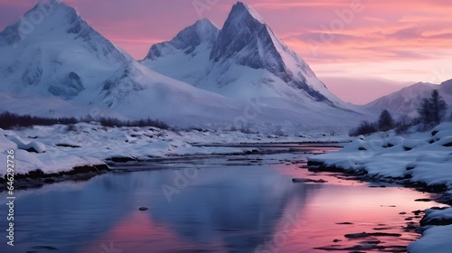 Pink winter sunrise shines arcross Stortind mountain peak, photo