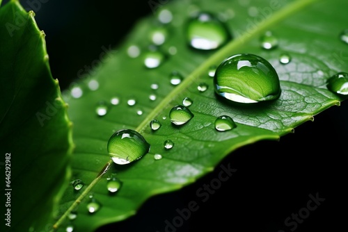 Close-up of a water droplet on a green leaf surrounded by other leaves. Generative AI